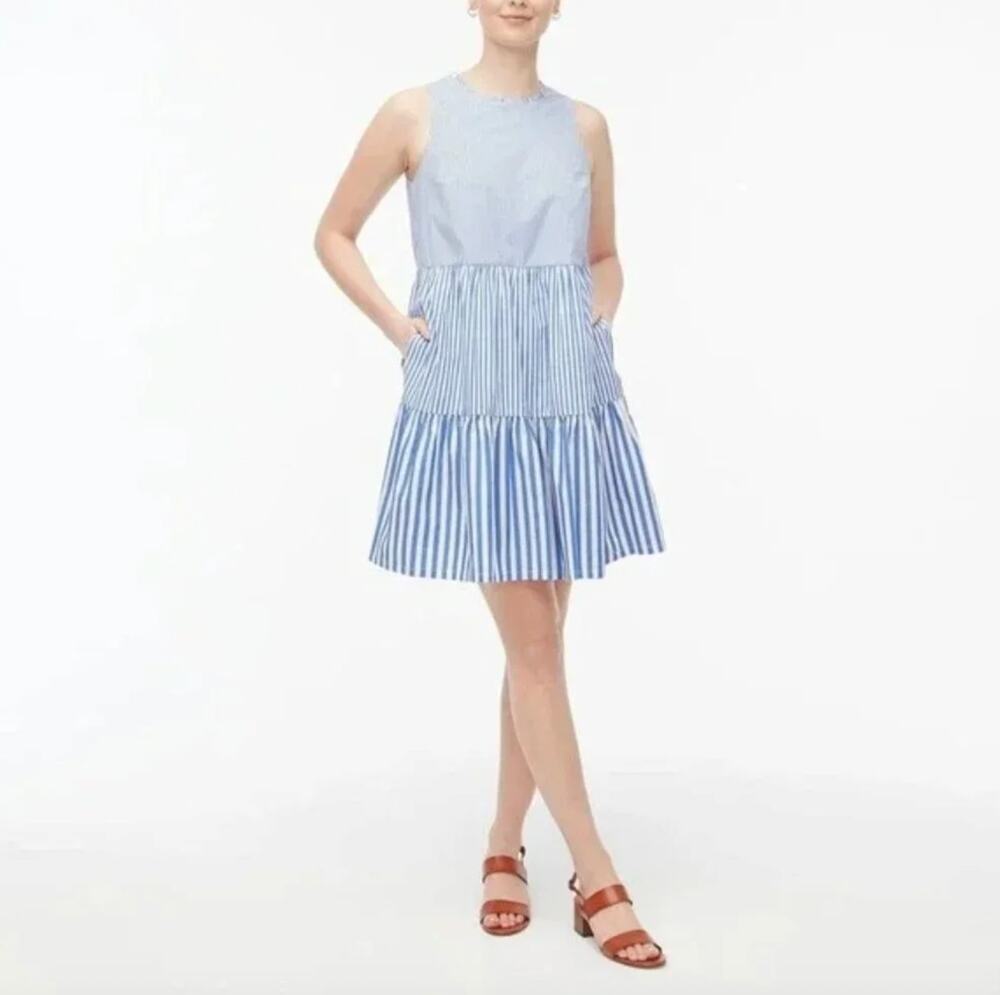 J. Crew Womens Size 0 Blue White Striped Cotton Tiered Sleeveless Mini Dress